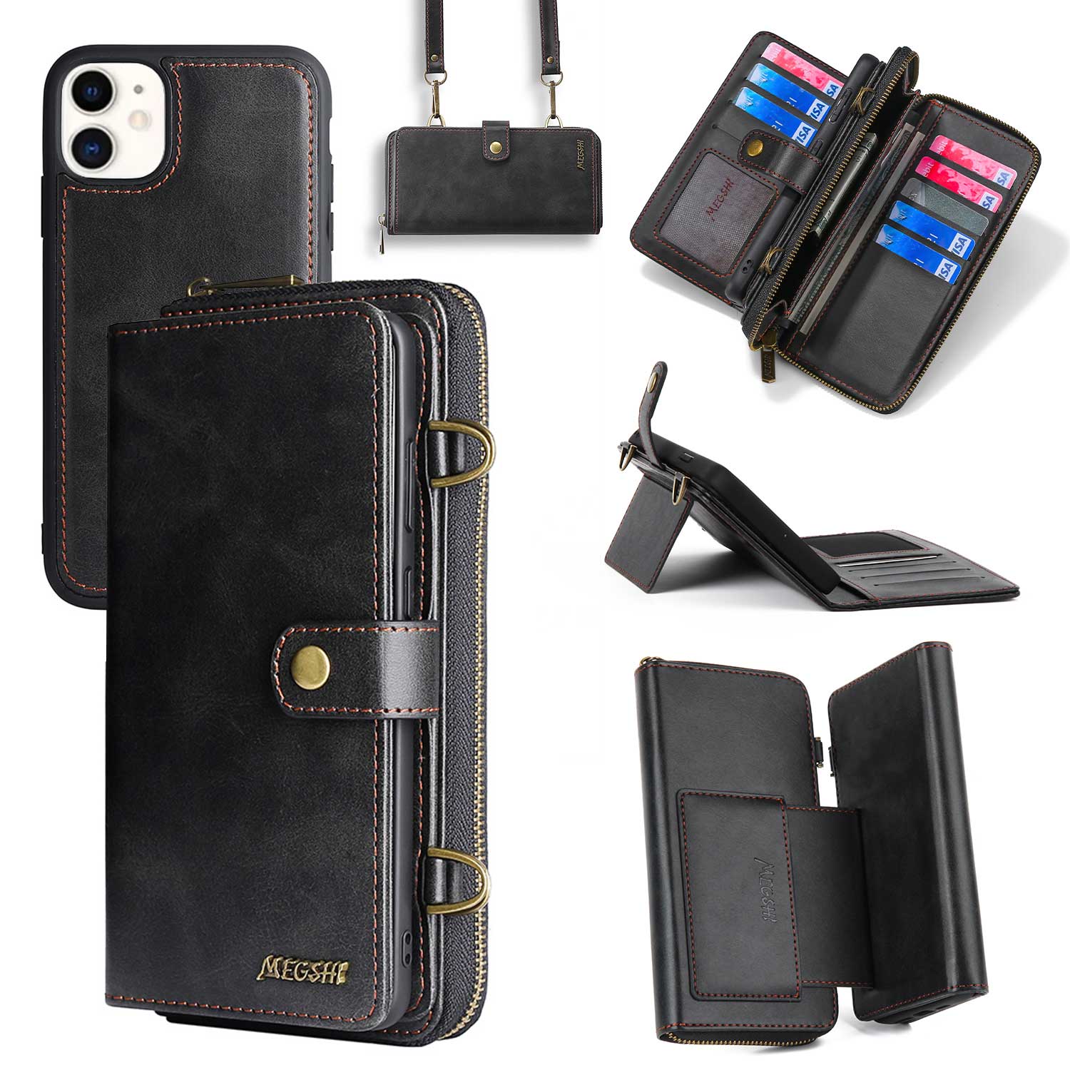 MEGSHI 020 Series for iPhone 12 mini 5.4 inch PU Leather Stand Cover Detachable 2-in-1 Wallet Case with Shoulder Strap MEGSHI 020 Series for iPhone 12 mini 5.4 inch PU Leather Stand Cover Detachable 2-in-1 Wallet Case with Shoulder Strap
